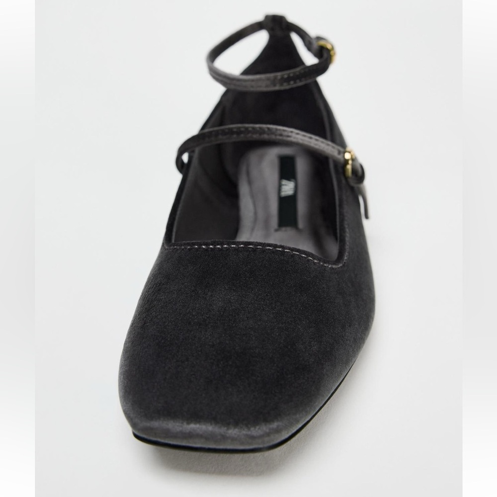 Zara Gray Velvet Ballet Flats shoes Buckle Strap Mary Jane Square size 9 40 NWT - Picture 6 of 12